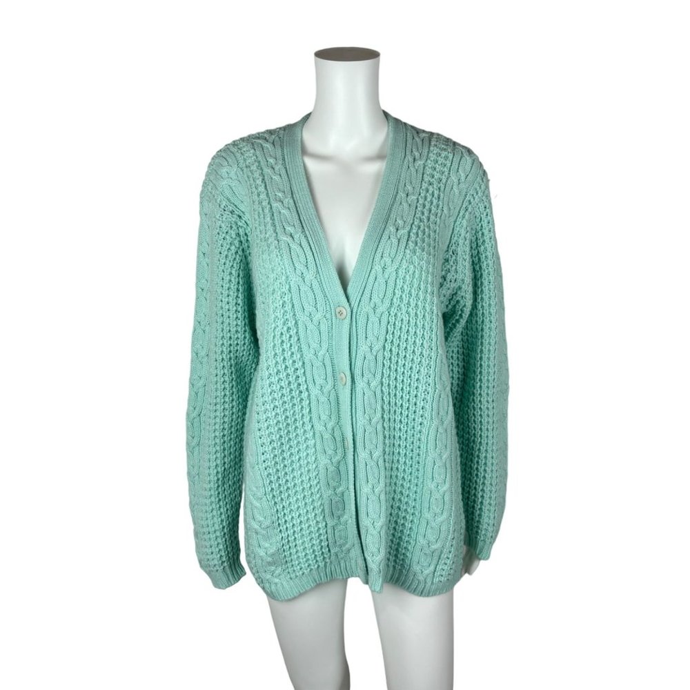 Vintage 80s Aqua Cardigan Oversized Waffle Knit Tunic Pullover Sweater